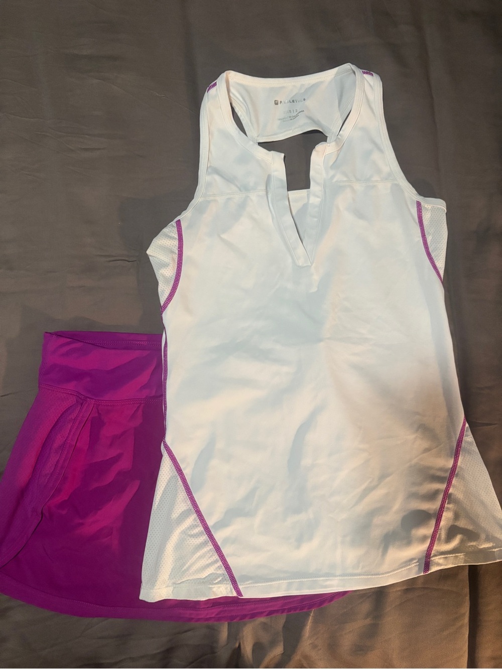 Fabletics White Tank with Purple Accent and Purple Skort